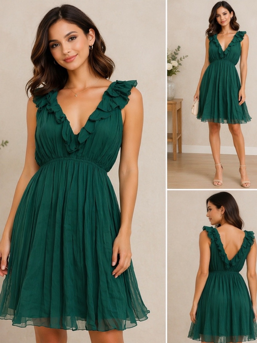 Max Studio Green Silk Ruffle Dress NWT Size M Flowy Mini‎ Party
